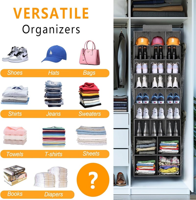 VERONLY Hanging Shoe Organizer for Closet, Closet Hanging Shoe Storage Rack Holder Shelves,Collapsible Shoe Closet Organizers and Storage with 4 Large Side Pockets,25 Sections for Shoes,Hats,Clothes(Gray) - Image 4